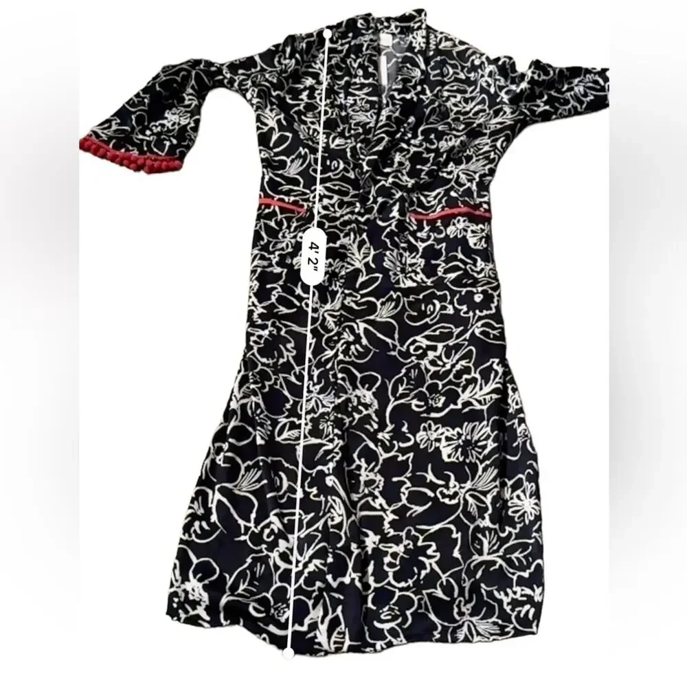 Misa Azores Tasseled Navy Blue & White Floral Long Sleeve Tie Long Kimono XS NEW